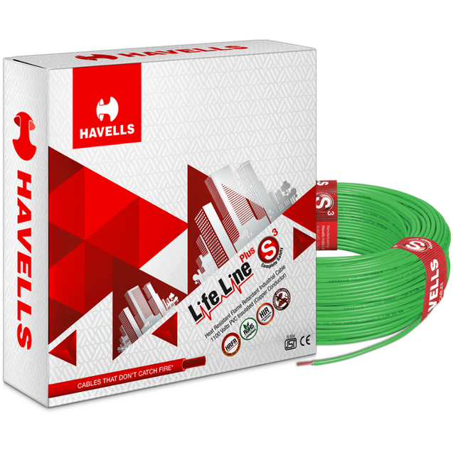 Havells 6 Sqmm Green Life Line Plus Single Core HRFR PVC Insulated Flexible Cables, WHFFDNGA16X0, Length: 90 m