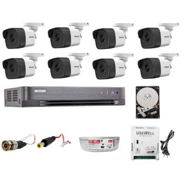 Hikvision 5MP Ultra HD 8 Pcs Bullet Camera, 8 Channel DVR with Usewell Accessories